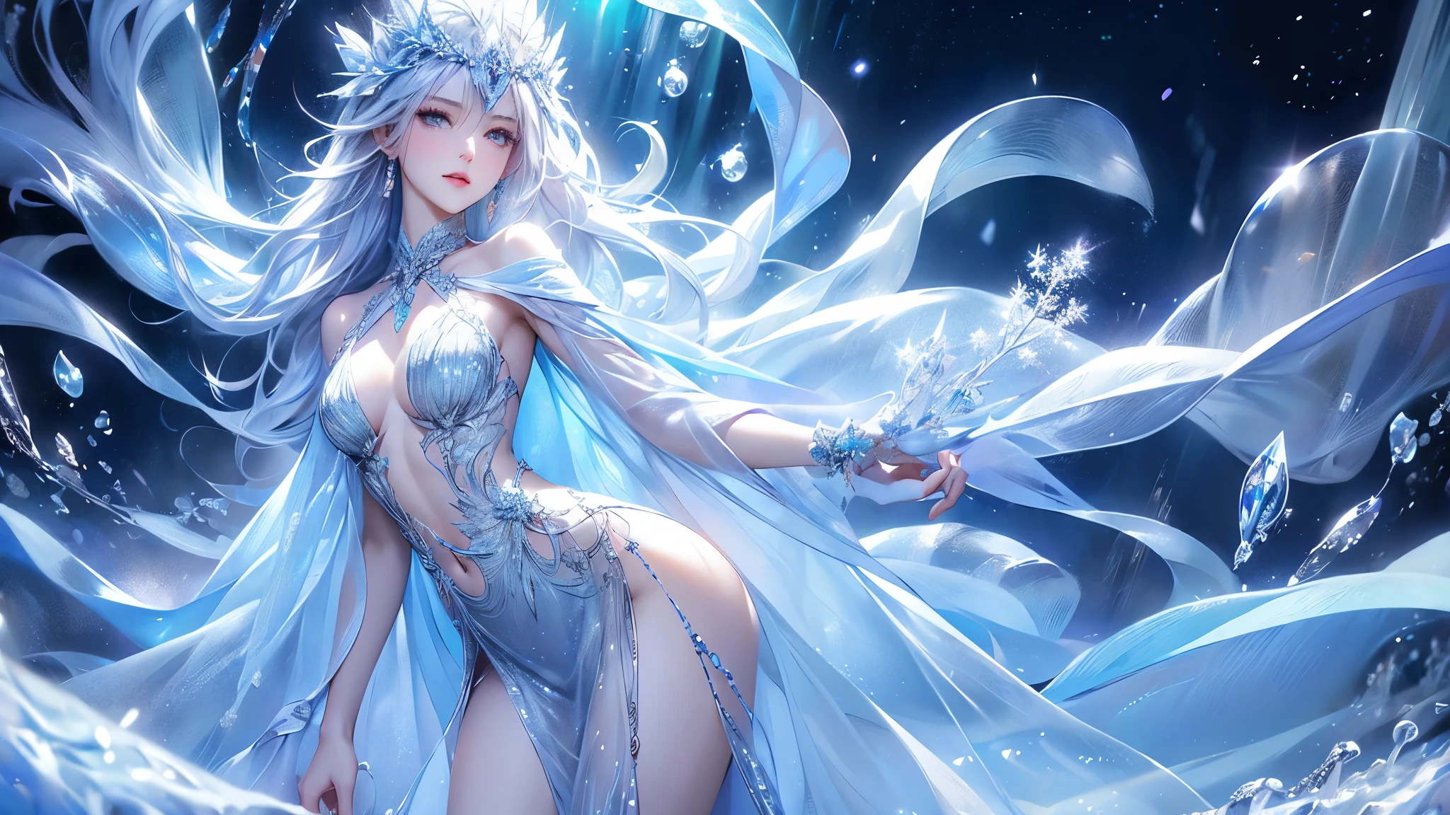 (1/2 body photo:1.5)wood, Exquisite mini ice spikes and crystals, Frozen waterfall in the background, Light reflected by ice crystals, Flowing snowflakes.1 girl、pretty girl,A realistic person,Beautiful cleavage,((small breasts)),Thin legs、tight hips、standing、Long dress
