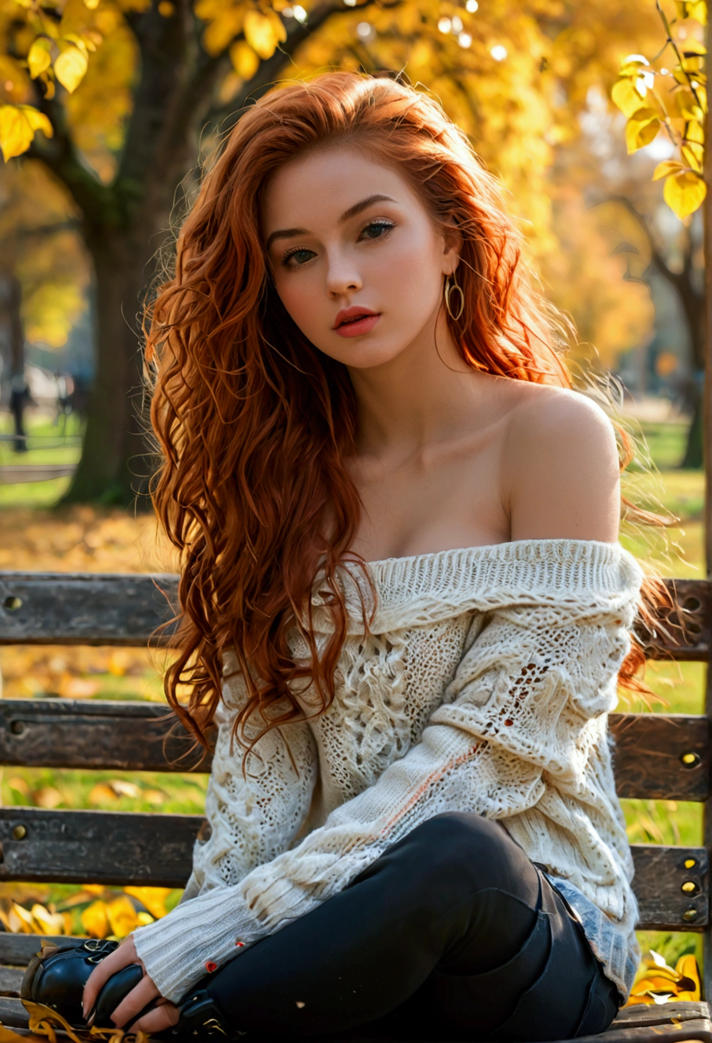 (full body shot:1.1) photorealistic image of a (standing pose:1.1) woman, ultra realistic, photography, long red hair, girl, 24 years old, hourglass figure, perfect body, Flirty look, natural medium breasts, blur background, glossy lips, ((shorts, off-shoulder sweater)), sitting crossed legs on bench, in park, she wears black boots, full body picture, full body, full body shot, wide angle, wide angle picture, wide angle shot