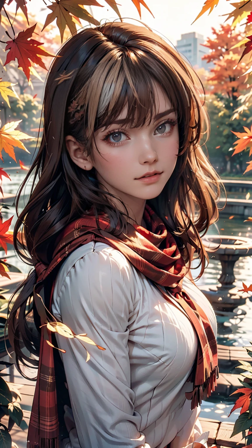 (masterpiece), Highest quality, Very detailed, figure, Warm lighting, Soft lighting, Bright colors, 1 girl, alone,( beautiful girl, Long Hair, blue eyes, ribbon, Brown Hair, Hair between the eyes, hair ribbon, Side Lock, very Long Hair, Messy Hair,) , autumn, Lots of maple trees, maple leaf, Golden Leaf, autumn leaves, Dry leaves, river,  Fresh air,  peace, Cool breeze , Sweater Weather,( Wear a white or brown sweater, Red scarf, melancholyなautumn, Lost in Thought, melancholy, sad ,Worried, longing,)