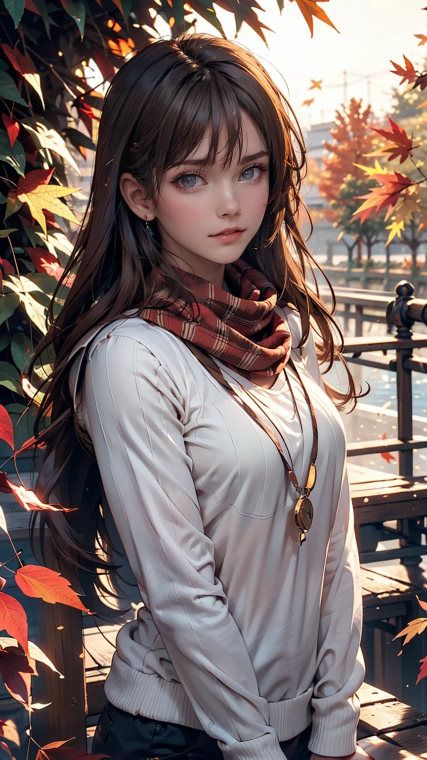 (masterpiece), Highest quality, Very detailed, figure, Warm lighting, Soft lighting, Bright colors, 1 girl, alone,( beautiful girl, Long Hair, blue eyes, ribbon, Brown Hair, Hair between the eyes, hair ribbon, Side Lock, very Long Hair, Messy Hair,) , autumn, Lots of maple trees, maple leaf, Golden Leaf, autumn leaves, Dry leaves, river, Fresh air, peace, Cool breeze , Sweater Weather,( Wear a white or brown sweater, Red scarf, melancholyなautumn, Lost in Thought, melancholy, sad ,Worried, longing,)