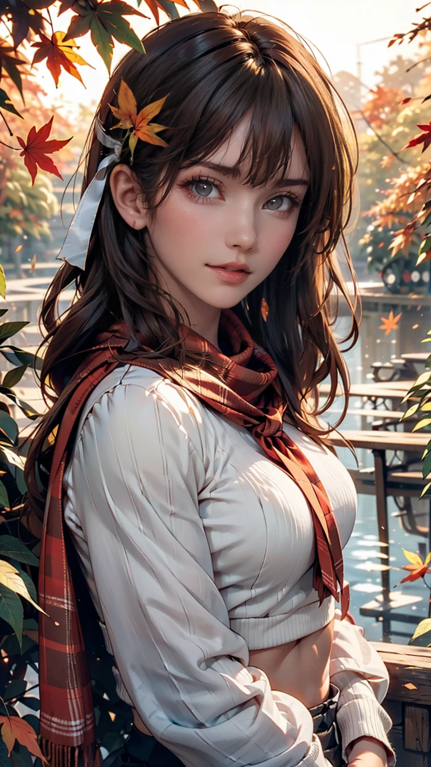 (masterpiece), Highest quality, Very detailed, figure, Warm lighting, Soft lighting, Bright colors, 1 girl, alone,( beautiful girl, Long Hair, blue eyes, ribbon, Brown Hair, Hair between the eyes, hair ribbon, Side Lock, very Long Hair, Messy Hair,) , autumn, Lots of maple trees, maple leaf, Golden Leaf, autumn leaves, Dry leaves, river,  Fresh air,  peace, Cool breeze , Sweater Weather,( Wear a white or brown sweater, Red scarf, melancholyなautumn, Lost in Thought, melancholy, sad ,Worried, longing,)