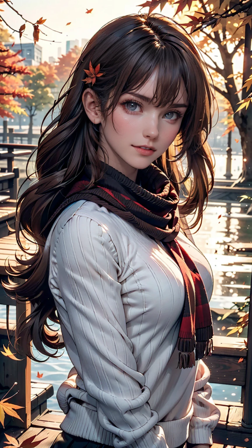 (masterpiece), Highest quality, Very detailed, figure, Warm lighting, Soft lighting, Bright colors, 1 girl, alone,( beautiful girl, Long Hair, blue eyes, ribbon, Brown Hair, Hair between the eyes, hair ribbon, Side Lock, very Long Hair, Messy Hair,) , autumn, Lots of maple trees, maple leaf, Golden Leaf, autumn leaves, Dry leaves, river,  Fresh air,  peace, Cool breeze , Sweater Weather,( Wear a white or brown sweater, Red scarf, melancholyなautumn, Lost in Thought, melancholy, sad ,Worried, longing,)
