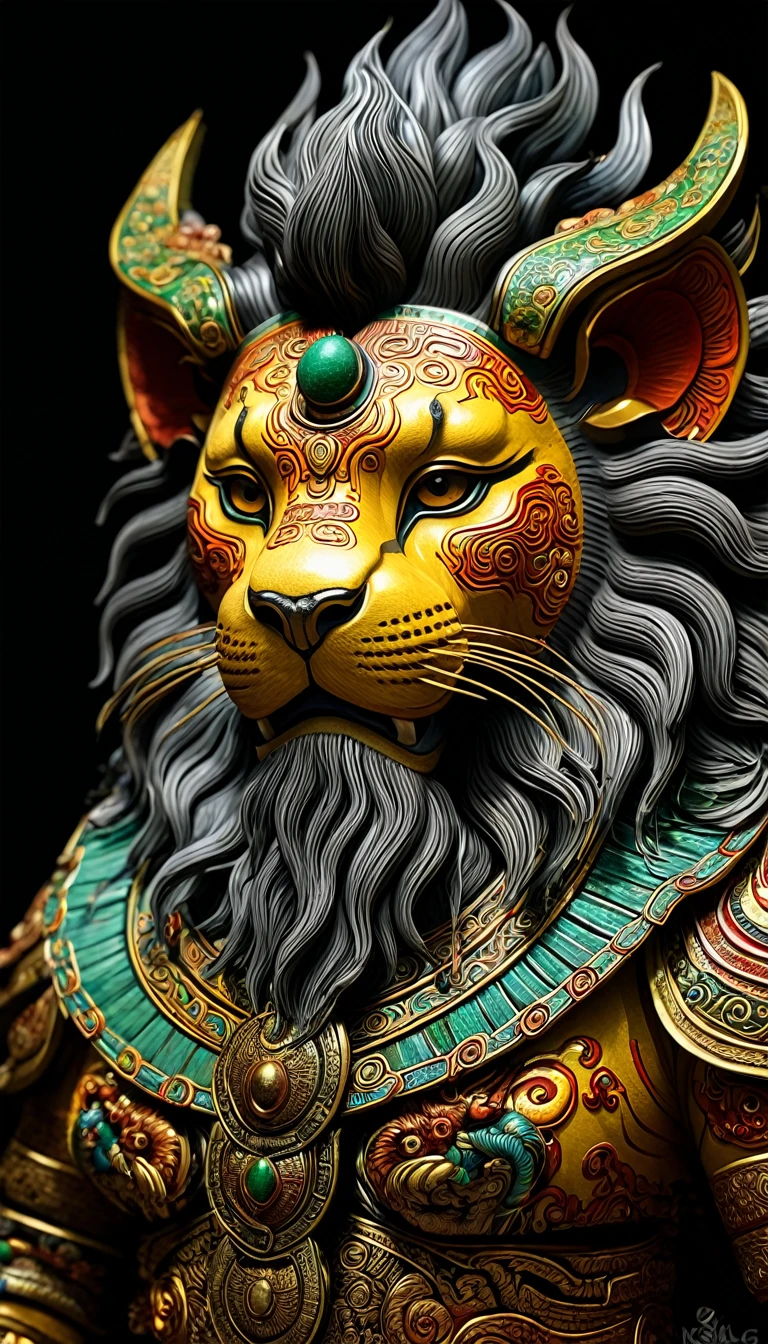 An extremely detailed close-up portrait of a half-human, half-lion deity inspired by ancient Asian legends.