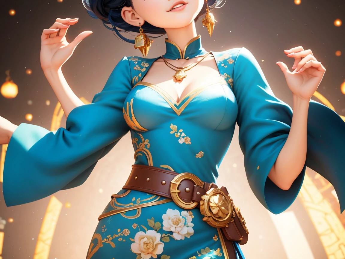 arafed woman in a blue dress with a gold belt and a necklace, 3 d render character art 8 k, trending on cgstation, chengwei pan on artstation, inspired by Lan Ying, 8k artgerm bokeh, 8k high quality detailed art, deviantart artstation cgscosiety, cgsociety 8k, cgsociety 8k