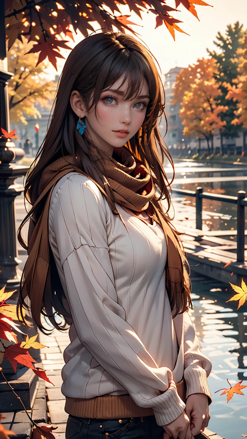 (masterpiece), Highest quality, Very detailed, figure, Warm lighting, Soft lighting, Bright colors, 1 girl, alone,( beautiful girl, Long Hair, blue eyes, ribbon, Brown Hair, Hair between the eyes, hair ribbon, Side Lock, very Long Hair, Messy Hair,) , autumn, Lots of maple trees, maple leaf, Golden Leaf, autumn leaves, Dry leaves, river, Fresh air, peace, Cool breeze , Sweater Weather,( Wear a white or brown sweater, Red scarf, melancholyなautumn, Lost in Thought, melancholy, sad ,Worried, longing,)
