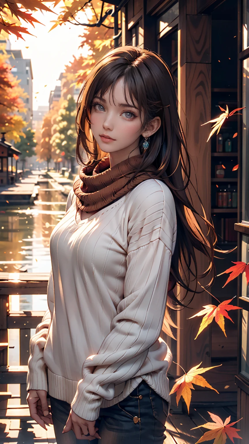 (masterpiece), Highest quality, Very detailed, figure, Warm lighting, Soft lighting, Bright colors, 1 girl, alone,( beautiful girl, Long Hair, blue eyes, ribbon, Brown Hair, Hair between the eyes, hair ribbon, Side Lock, very Long Hair, Messy Hair,) , autumn, Lots of maple trees, maple leaf, Golden Leaf, autumn leaves, Dry leaves, river,  Fresh air,  peace, Cool breeze , Sweater Weather,( Wear a white or brown sweater, Red scarf, melancholyなautumn, Lost in Thought, melancholy, sad ,Worried, longing,)