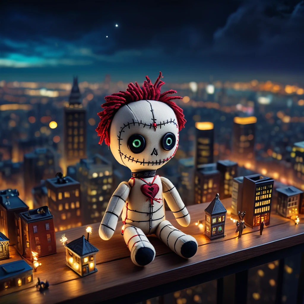 (knitted toy voodoo doll:1.7), (Voodoo on a skyscraper rooftop with enchanted city lights:1.3), (Clothing: tattered urban attire with mystical symbols:1.0), (Accessories: miniature glowing cityscape, tiny floating lights, small enchanted antennas:1.2), (background: panoramic rooftop with flickering lights and glowing magical city lights, ethereal light illuminating the scene:1.2), best quality, masterpiece, detailed soft oil painting, detailed background, dramatic cinematic lighting, soft edge lighting, professional, dramatic lighting, hard edge lighting, ultra quality, 4k,masterpiece, best quality, 8k, ultra highres, highres, extremely detailed