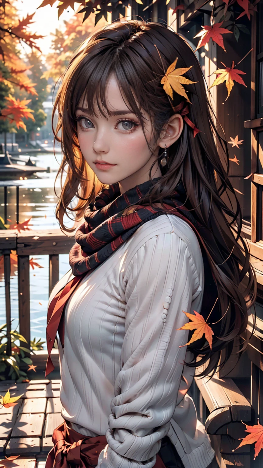 (masterpiece), Highest quality, Very detailed, figure, Warm lighting, Soft lighting, Bright colors, 1 girl, alone,( beautiful girl, Long Hair, blue eyes, ribbon, Brown Hair, Hair between the eyes, hair ribbon, Side Lock, very Long Hair, Messy Hair,) , autumn, Lots of maple trees, maple leaf, Golden Leaf, autumn leaves, Dry leaves, river,  Fresh air,  peace, Cool breeze , Sweater Weather,( Wear a white or brown sweater, Red scarf, melancholyなautumn, Lost in Thought, melancholy, sad ,Worried, longing,)