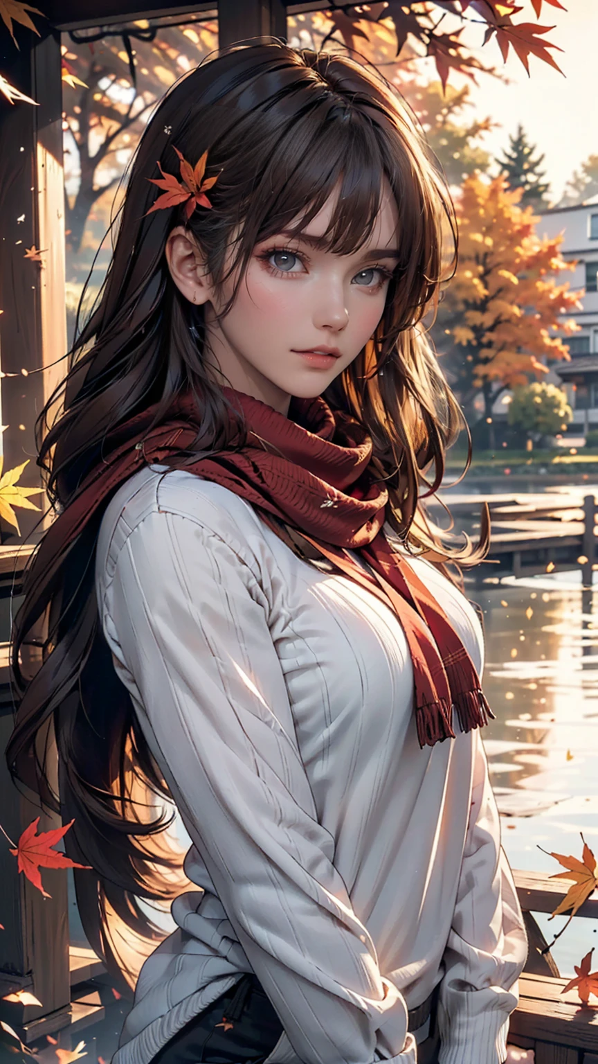 (masterpiece), Highest quality, Very detailed, figure, Warm lighting, Soft lighting, Bright colors, 1 girl, alone,( beautiful girl, Long Hair, blue eyes, ribbon, Brown Hair, Hair between the eyes, hair ribbon, Side Lock, very Long Hair, Messy Hair,) , autumn, Lots of maple trees, maple leaf, Golden Leaf, autumn leaves, Dry leaves, river,  Fresh air,  peace, Cool breeze , Sweater Weather,( Wear a white or brown sweater, Red scarf, melancholyなautumn, Lost in Thought, melancholy, sad ,Worried, longing,)