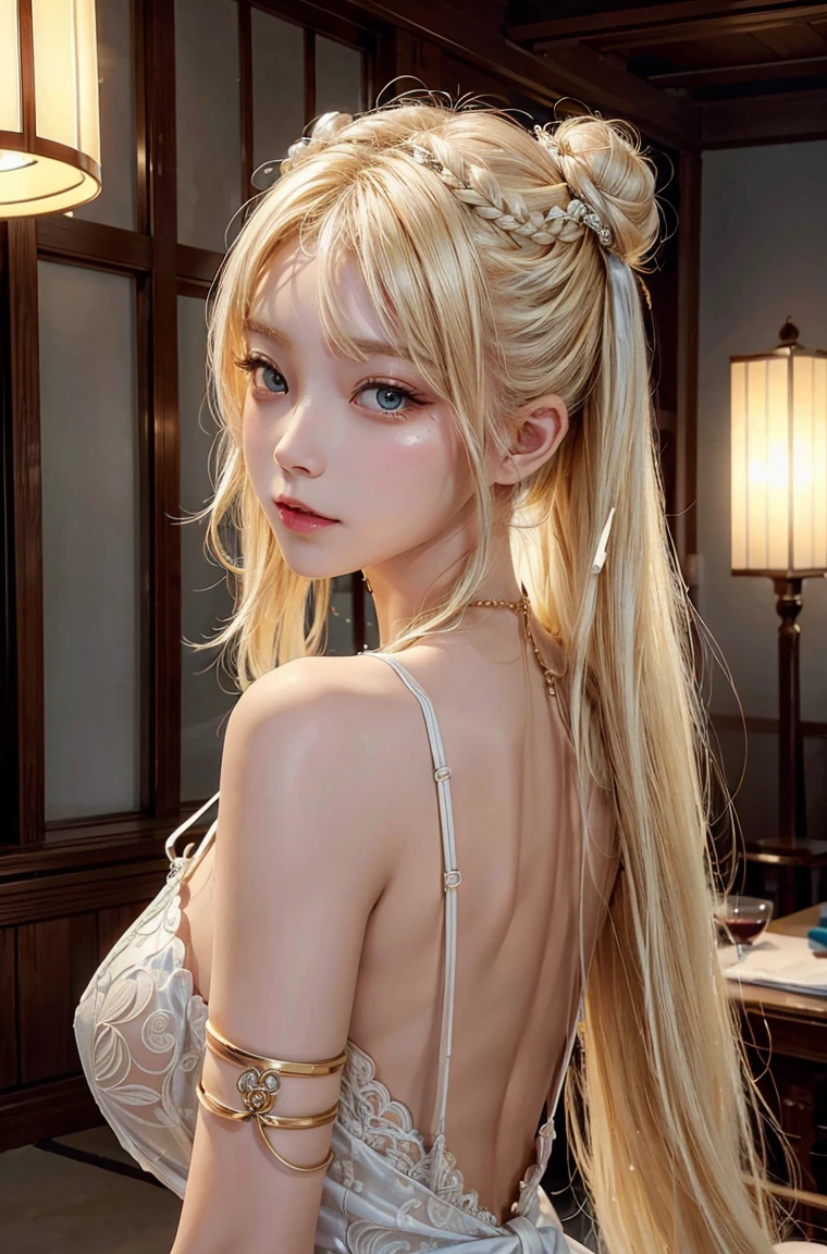 masterpiece, 1 beautiful girl, Delicate eyes, Purebred face_v1, Top quality, Ultra high resolution, (Reality: 1.4), Japanese, Korean, very beautiful, Beautiful skin, slim，Very sexy, (超Reality), (high resolution), (8K), (Very detailed), Delicate face, Bright Lights, Professional lighting, Looking at the audience, Face straight ahead, White bare back see-through antique style dress,big nipples, Bright blonde hair, long hair, long hair與辮子, Bangs，Double bun，hair accessories。