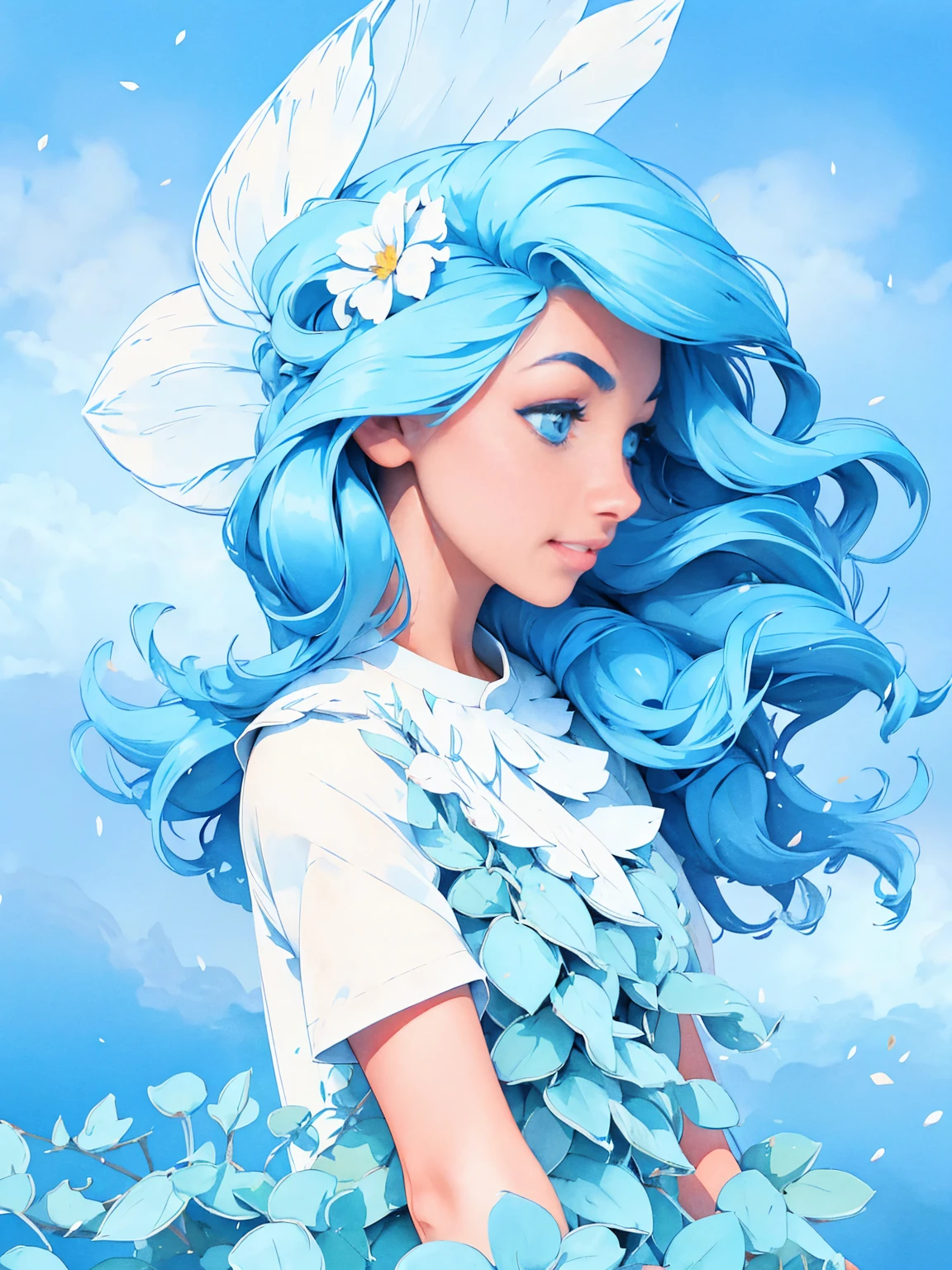 (absurdres, highres, ultra detailed, UHD, cinematic), solo, 1girl, mature, happy, girl standing in light blue flower field, light blue flower petal surrounding girl, full body, blue long hair girl, light blue hair, fantasy, dreamy, snowy, official art, pop art, profile, ultra detailed face, ultra detailed eyes, light blue flower field, ultra detailed field, white blue sky, cold, light blue, white, nebula in the sky, blue tree, watercolor, pastel color