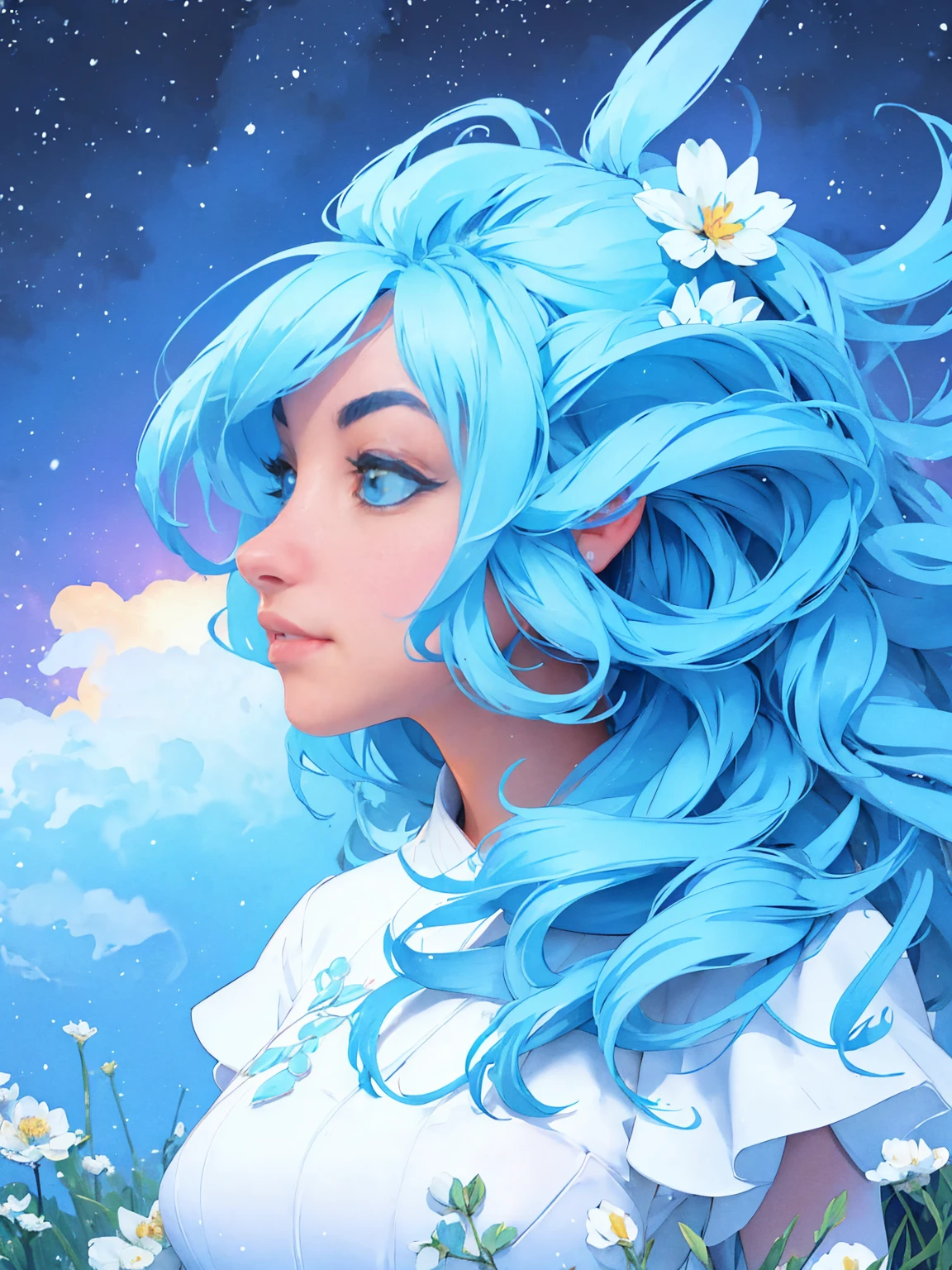 (absurdres, highres, ultra detailed, UHD, cinematic), solo, 1girl, mature, happy, girl standing in light blue flower field, light blue flower petal surrounding girl, full body, blue long hair girl, light blue hair, fantasy, dreamy, snowy, official art, pop art, profile, ultra detailed face, ultra detailed eyes, light blue flower field, ultra detailed field, white blue sky, cold, light blue, white, nebula in the sky, blue tree, watercolor, pastel color