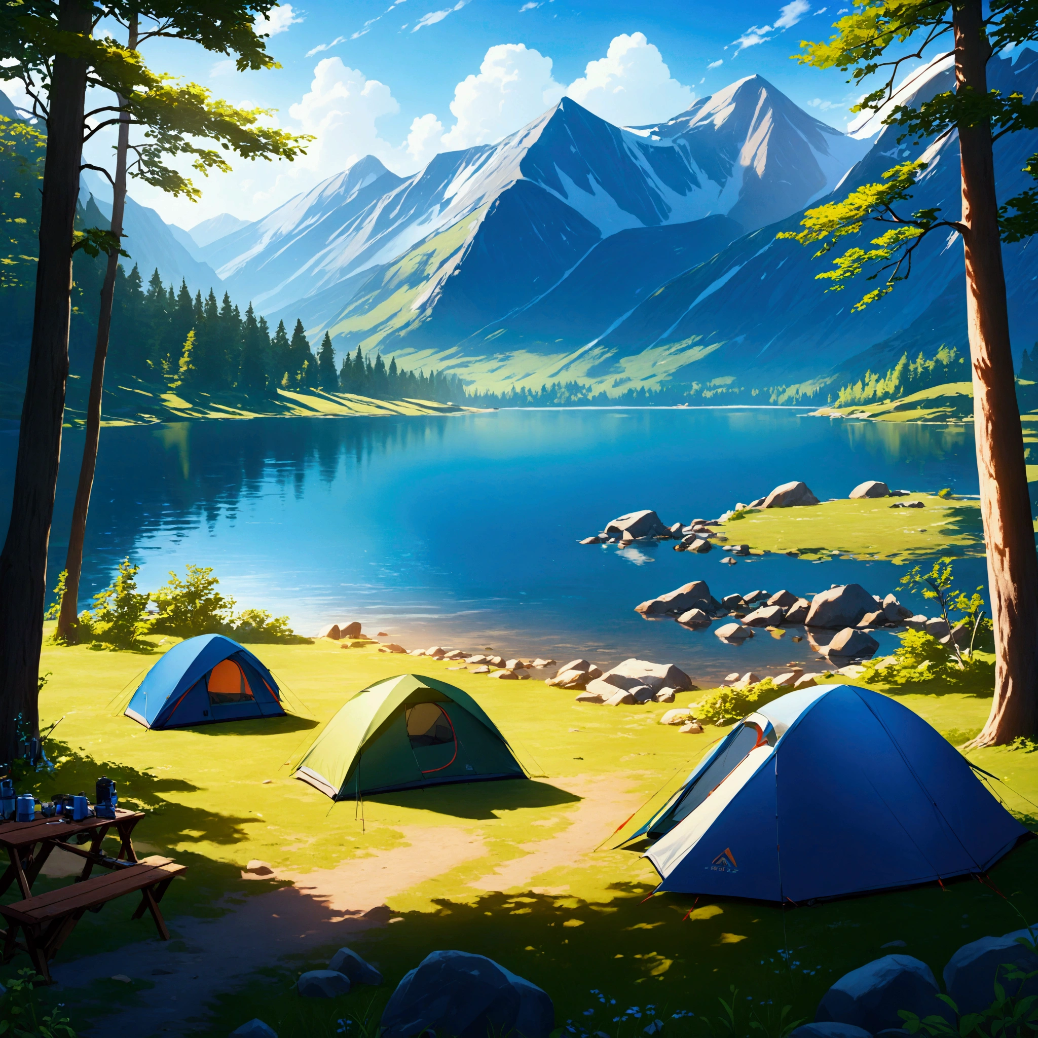 lake,camp site,The view is great.,tent,Camping Goods,Highest quality, 8k, High resolution, masterpiece:1.2, Very detailed, Realistic:1.37, High resolution, 超High resolution, Very detailed, Professional, Vibrant colors