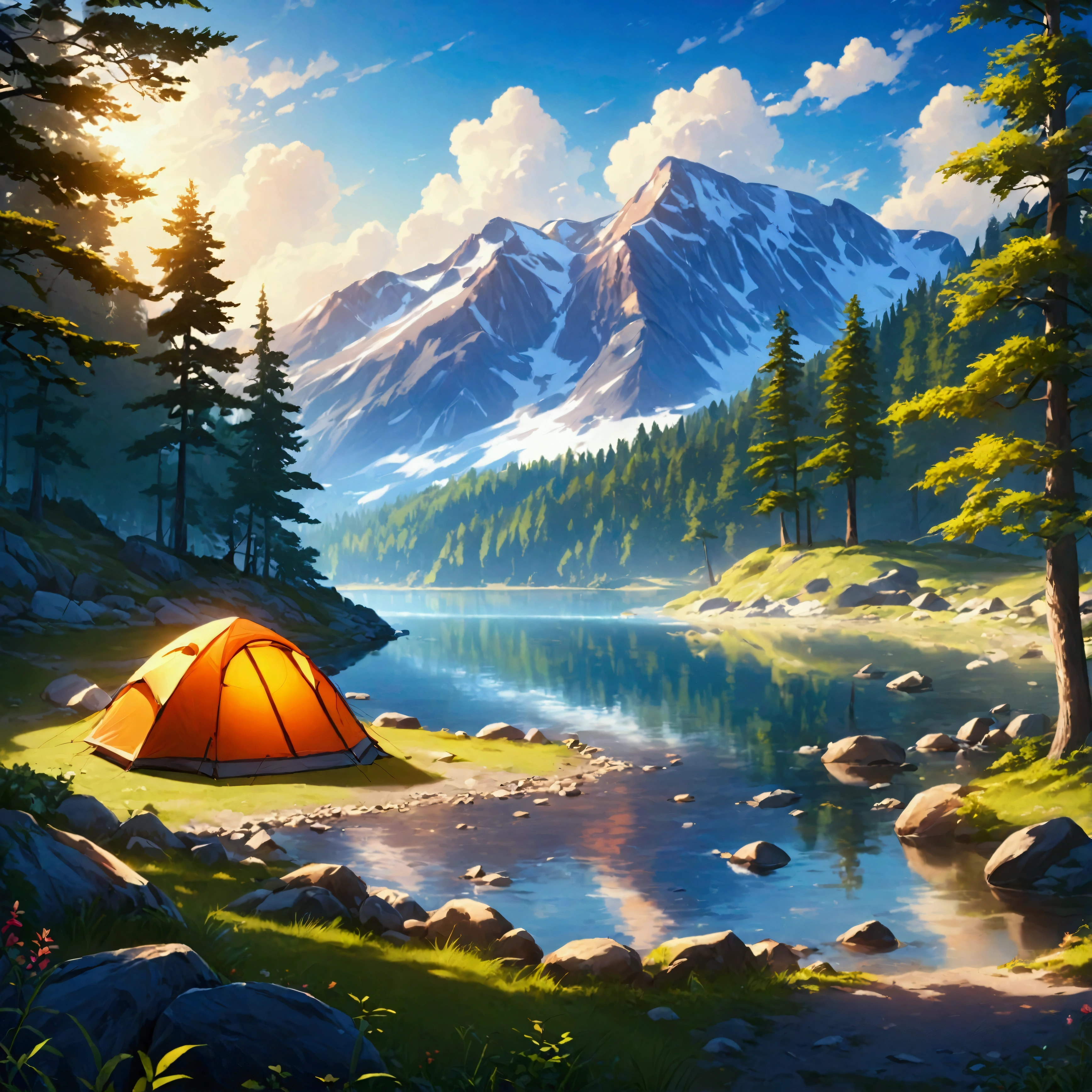 lake,camp site,The view is great.,tent,Camping Goods,Highest quality, 8k, High resolution, masterpiece:1.2, Very detailed, Realistic:1.37, High resolution, 超High resolution, Very detailed, Professional, Vibrant colors