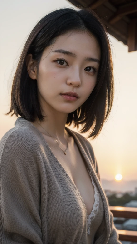 Japanese women、Clothes that do not expose skin、Close-up of face、Sunset