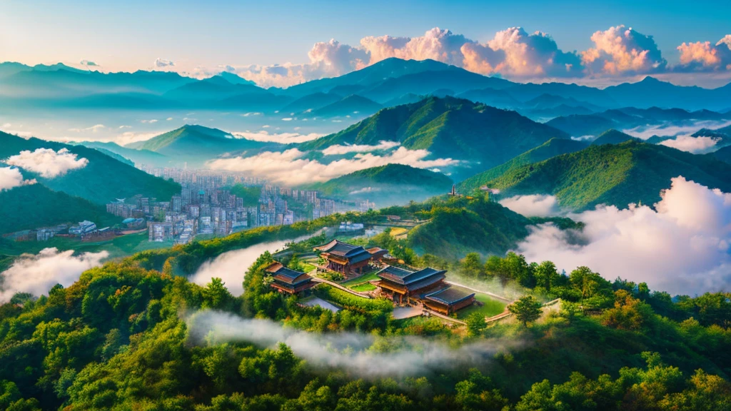 Natural beauty, Korean ancient village.     The Stream.    cloud, Temple.    View from the air, mystical beauty, 8k