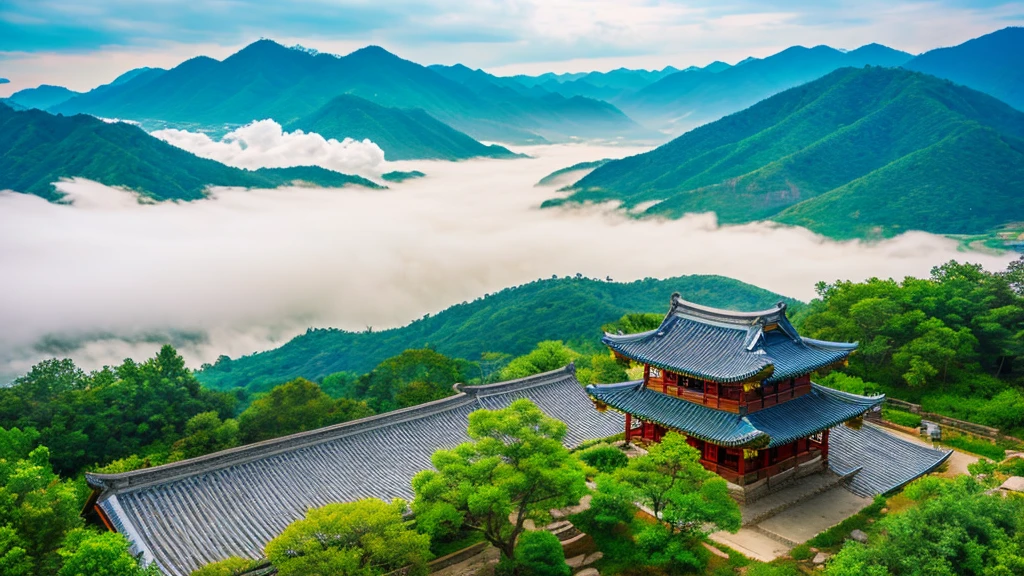 Natural beauty, Korean ancient village. The Stream. cloud, Temple. View from the air, mystical beauty, 8k