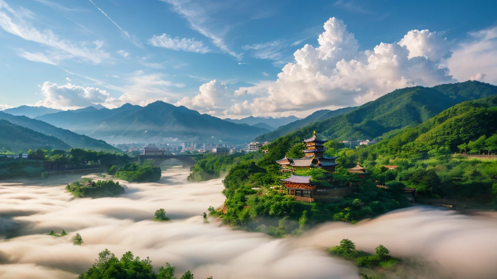 Natural beauty, Korean ancient village.     The Stream.    cloud, Temple.    View from the air, mystical beauty, 8k