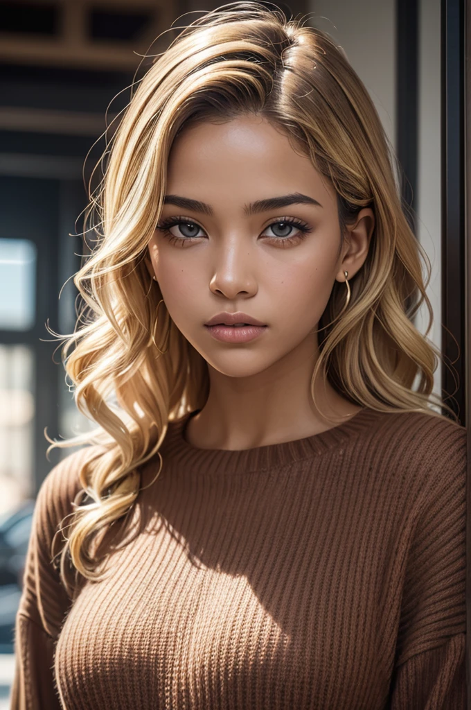 An African-Latina woman, aged 18, biracial woman, mixed-race, 1girl, solo, athletic build, modest bust size, blonde hair, brown eyes, African nose, big lips, long curly hair, tight curls, constricted pupils, wearing a brown sweater, Hyperrealism, cinematic lighting, bust chart, perspective, Ultra-Wide Angle, Nikon, masterpiece, high quality, super detail, textured skin, highres, best quality, whole body photo