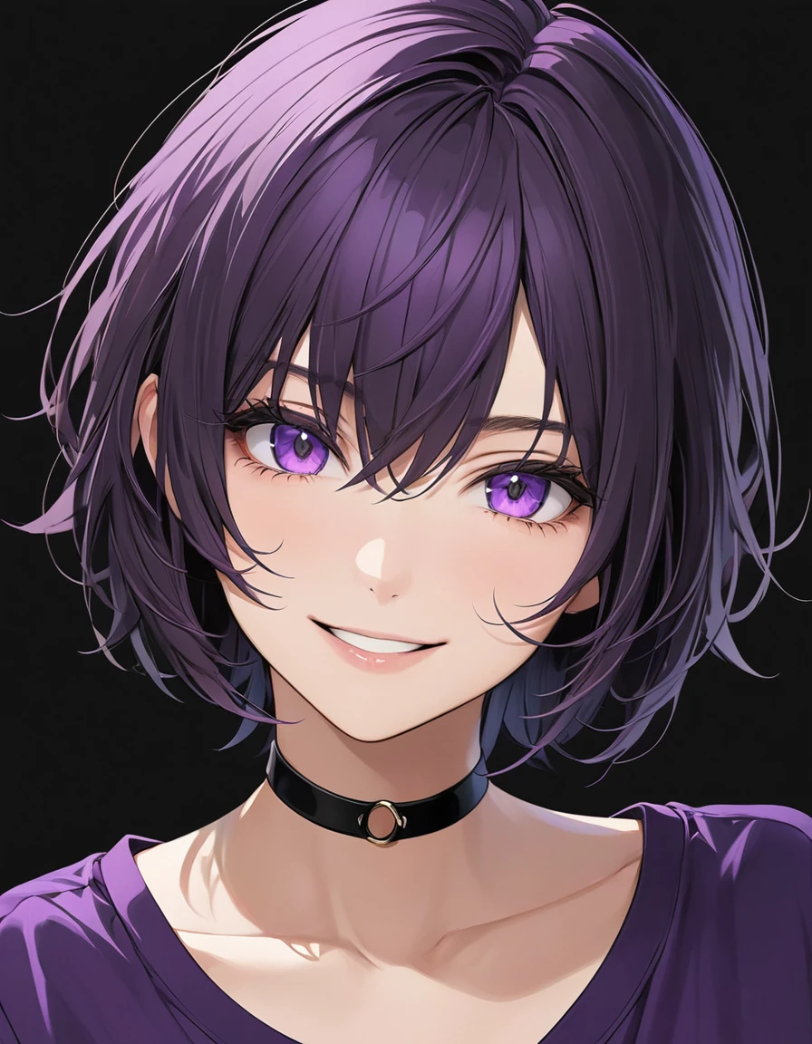 High-resolution anime digital art, Masterpiece, half body on frame, tomboy, mature, sexy, smart, short hair color pitch black, real detail eyes pupil purple, long purple plain shirt, black chokers, Happy face (simple background, white background)