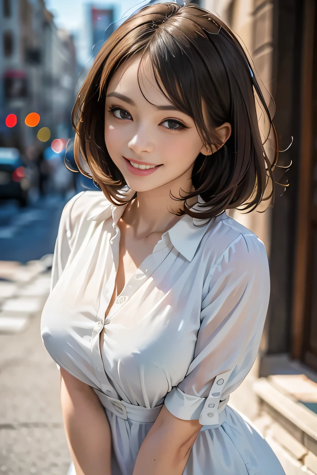 ((ultimate beautiful wife))、mature、Beautiful Face、(Big eyes:1.3), Brown eyes、Detailed lips, Beautiful eyes in every detail, double eyelid, Long eyelashes、Huge breasts, (curve), Lips parted, Beautiful teeth alignment, blush, Captivating Gaze、Captivating smile, (brunette hair up), (Sexy colorful short silk dress with perfect fit), futomomo, Sexy pose, Detailed background, background: (Celebrity Mansions)、Realistic background and accessories、((Cowboy Shot))、(Advanced Depth of Field)、((masterpiece))、((Highest quality))、reality、reality、High resolution、Very detailed、reality lighting, reality