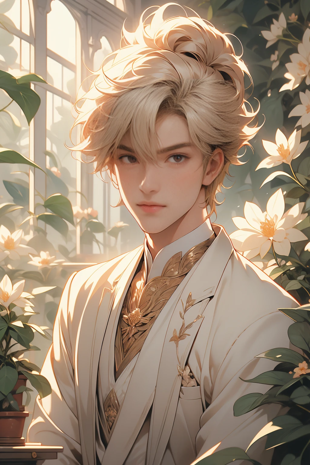 extremely delicate and beautiful, Amazing, finely detail, masterpiece, ultra-detailed, highres,best illustration, best shadow,intricate,sharp focus, high quality, 1male, solo, blond hair. red eyes, kaveh genshin impact, glass greenhouse, flowers in pots, flowers for sale, man looking at flowers, flowers everywhere