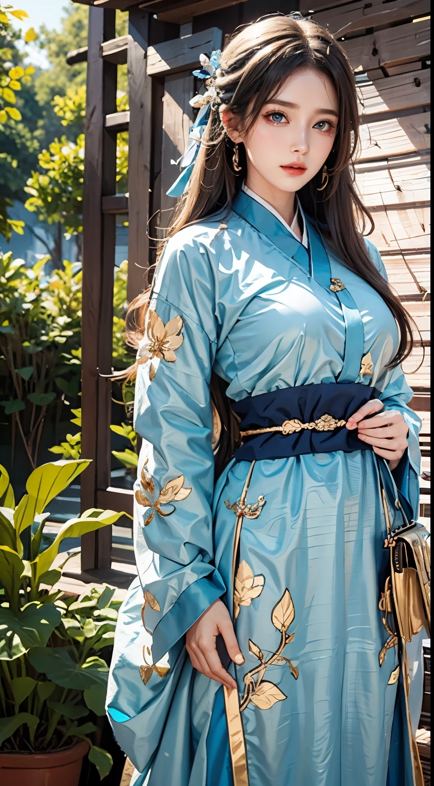 Realistic, High resolution, masterpiece, blue eyes, Blue Hair, Realistic, High resolution, Soft Light,1 Female, Hip Up, alone, Hanfu