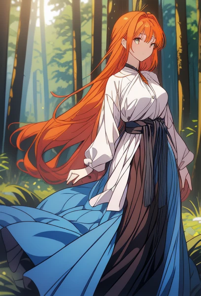 A woman, with a slightly smiling expression and his gaze directed forward. Her long orange hair falls softly over her shoulders.... She is wearing a blue dress with a wide black belt at her waist..., that accentuates her slender figure. His right hand is slightly raised., With a relaxed attitude. With a mystical forest background