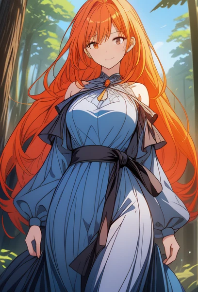 A woman, with a slightly smiling expression and his gaze directed forward. Her long orange hair falls softly over her shoulders.... She is wearing a blue dress with a wide black belt at her waist..., that accentuates her slender figure. His right hand is slightly raised., With a relaxed attitude. With a mystical forest background