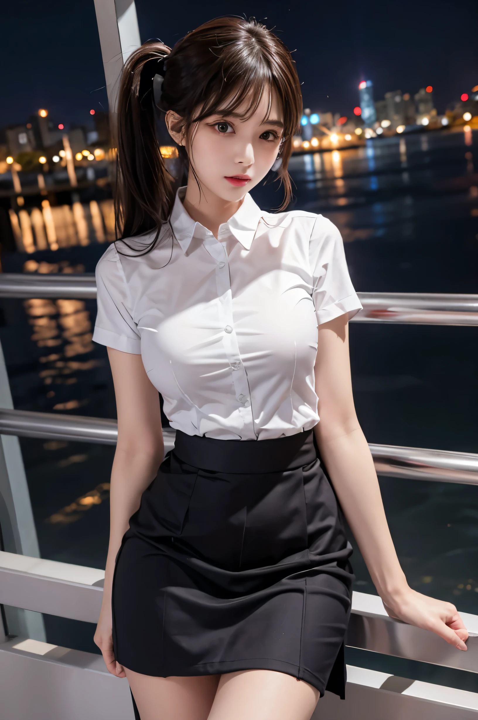 (Ultra HD), (Collared shirt:1.5, mini skirt:1.2), (Big Breasts:1.5), (Slimness:1.8), whole body, Standing posture, (Clean and shiny skin, Whitening, No makeup), (Super slim face, Super beautiful face), (Light Brown Ponytail, Layered Cut, Fluffy hair), (double eyelid, Slanted Eyes), Small Nose, Thin lips, Thin legs, Beautiful night view of the city