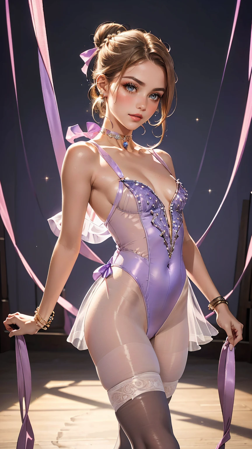 240710B. Masterpiece. A hyper realistic image of Claire. Beautiful woman. ((Perfect body)). y. Slim. ((Solo)). ((Rhythmic Gymnastics. In the Gymnastics studio with mirrored walls, ribbons, and hoops. Standing gracefully by a hoop, leotard shimmering slightly. Lavender leotard with rhinestone embellishments, sheer cover-up, and ballet flats. Sheer lavender stockings. Hairstyle: High bun with a ribbon. Makeup: Soft lavender blush, light pink lips. Rhinestone choker, charm bracelet.)). (See-through, bare pane). ((Show erected areolas thru )). ((Show trimmed vulva)). ((Divine features, oval face)). Graceful presence. (Captivating and perfect grey eyes). (Silky ginger hair). Rosy tint complexion. Captivating smile with enchanting lips. Slender figure. ((Perfect hands)). Sense of style with alluring charm. Effortless elegance, sophisticated. ((High fashion image)). (((((Cowboy shot))))).