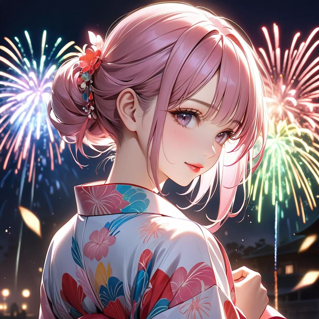 A beautiful and divine woman wearing a clean and refreshing white and pink yukata.々A beautiful woman.々Beautiful Goddess, Rainbow Hair,Medium long hairstyle,Beautiful attention to detail, Beautiful lip detail, Highly detailed face, Long eyelashes, Friendly and polite expressions, red, Round crystals in both hands, The perfect uniform, High quality lighting, Realistic, 8k, Highest quality, masterpiece, Professional, Studio Lighting,The background is a fireworks display,Back view