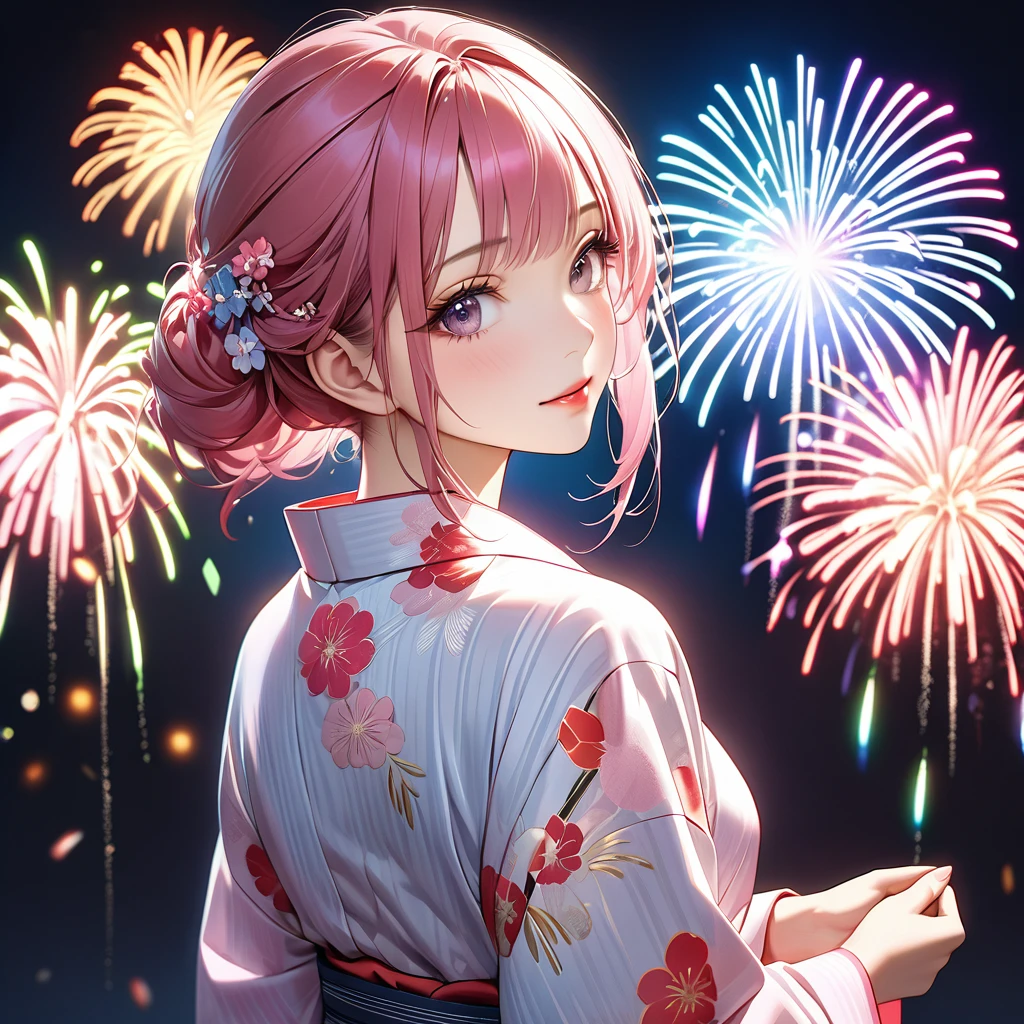 A beautiful and divine woman wearing a clean and refreshing white and pink yukata.々A beautiful woman.々Beautiful Goddess, Rainbow Hair,Medium long hairstyle,Beautiful attention to detail, Beautiful lip detail, Highly detailed face, Long eyelashes, Friendly and polite expressions, red, Round crystals in both hands, The perfect uniform, High quality lighting, Realistic, 8k, Highest quality, masterpiece, Professional, Studio Lighting,The background is a fireworks display,Back view