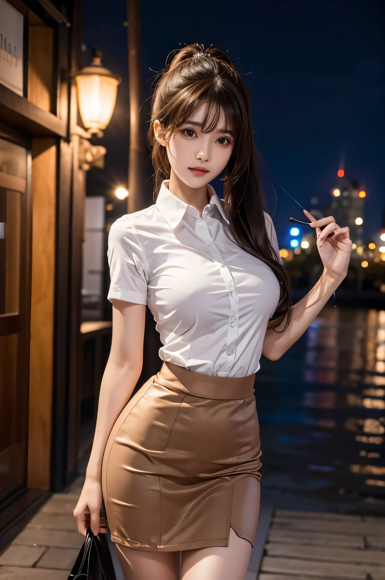 (Ultra HD), (Collared shirt:1.5, mini skirt:1.2), (Big Breasts:1.5), (Slimness:1.8), whole body, Standing posture, (Clean and shiny skin, Whitening, No makeup), (Super slim face, Super beautiful face), (Light Brown Ponytail, Layered Cut, Fluffy hair), (double eyelid, Slanted Eyes), Small Nose, Thin lips, Thin legs, Beautiful night view of the city