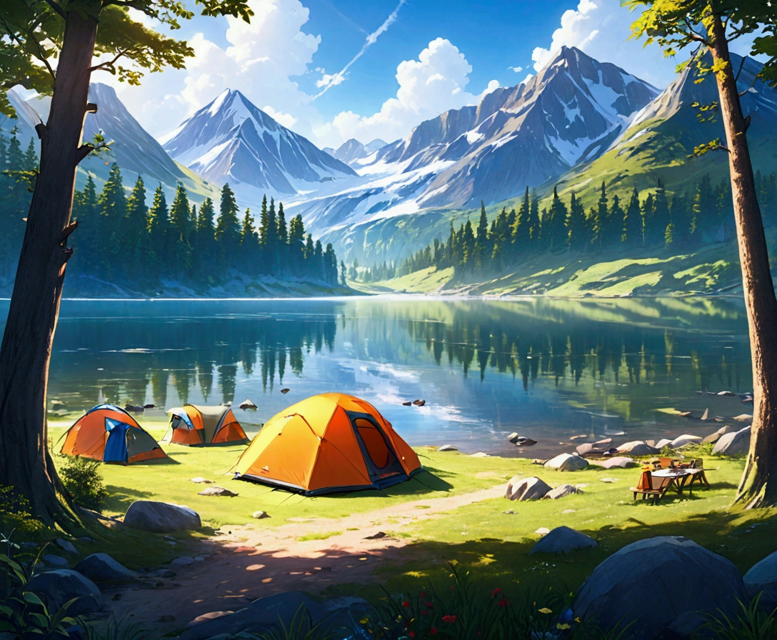 lake,camp site,The view is great.,tent,Camping Goods,Highest quality, 8k, High resolution, masterpiece:1.2, Very detailed, Realistic:1.37, High resolution, 超High resolution, Very detailed, Professional, Vibrant colors