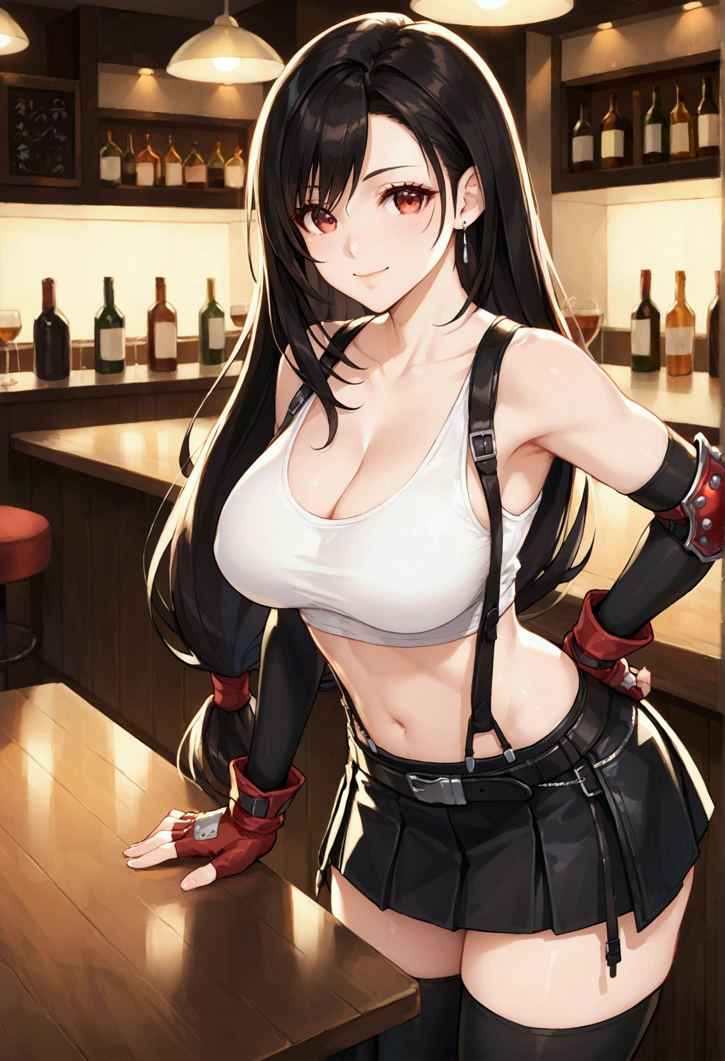 (score_9, score_8_up, score_7_up), BREAK (masterpeace),(best quality),(aesthetic,very aesthetic),(recent),1girl, tifa lockhart, final fantasy,(beautiful). black hair, low-tied long hair, red eyes, bangs, white tank top,gap, belt, pleated skirt, thighhighs, elbow fingerless gloves, elbow pads, midriff, navel,suspender skirt.zettai ryouiki ,,(large_breasts:1.3),Solo,upperbody,looking_at viewer, vibrant, joyful,cafe and bar,(Emphasize the cleavage)、 (hands on counter) ,Showcasing cleavage:1.3 ,breast press:1.2 ,counter,(straight-on),breast focus,