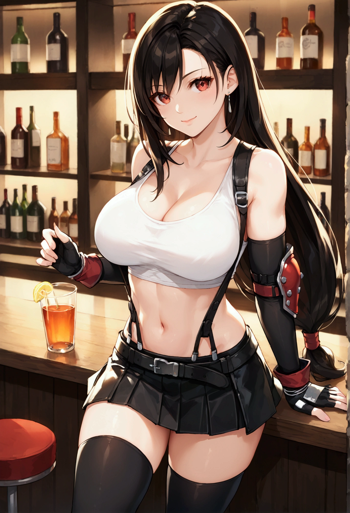 (score_9, score_8_up, score_7_up), BREAK  (masterpeace),(best quality),(aesthetic,very aesthetic),(recent),1girl, tifa lockhart, final fantasy,(beautiful). black hair, low-tied long hair, red eyes, bangs, white tank top,gap, belt, pleated skirt, thighhighs, elbow fingerless gloves, elbow pads, midriff, navel,suspender skirt.zettai ryouiki ,,(large_breasts:1.3),Solo,upperbody,looking_at viewer,  vibrant, joyful,cafe and bar,(Emphasize the cleavage)、 (hands on counter) ,Showcasing cleavage:1.3 ,breast press:1.2 ,counter,(straight-on),breast focus,