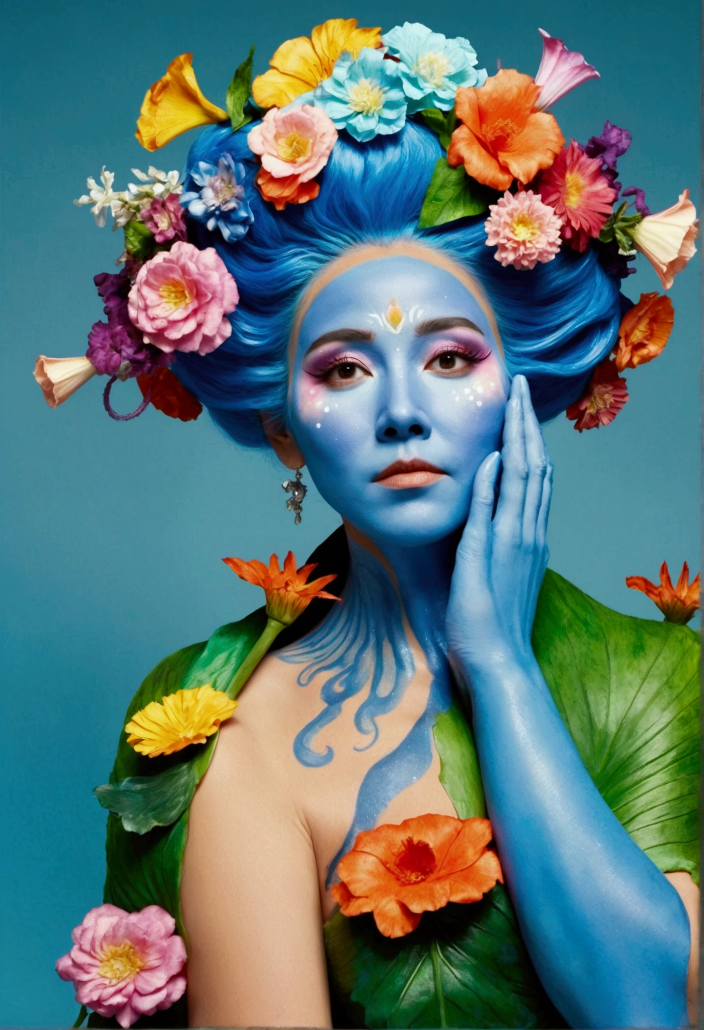 Araffe dressed as a bearded、Man with flowers on his head, Ryan Reynolds in a fat suit, Blue body painting, Kristen Bell as a mermaid, Blue skinned elf, Inspired by David LaChapelle, Flowers grew in his body, Inspired by James Ensor, Light blue skin,