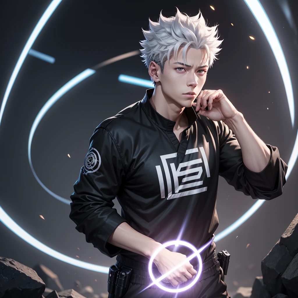 photo of a handsome young adult anime character in the series. manga from(Jujutsu kaisen) named "fusiguro megumi" with a black Jujutsu kaisen shirt, and black Jujutsu kaisen pants, as well as a black background, and a line of white light shining in a circle above her head. include religious effects with a rural feel.