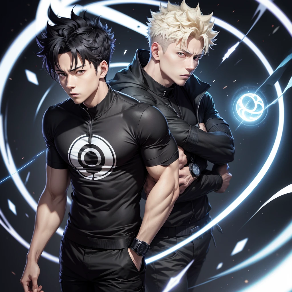 photo of a handsome young adult anime character in the series. manga from(Jujutsu kaisen) named "fusiguro megumi" with a black Jujutsu kaisen shirt, and black Jujutsu kaisen pants, as well as a black background, and a line of white light shining in a circle above her head. include religious effects with a rural feel.
