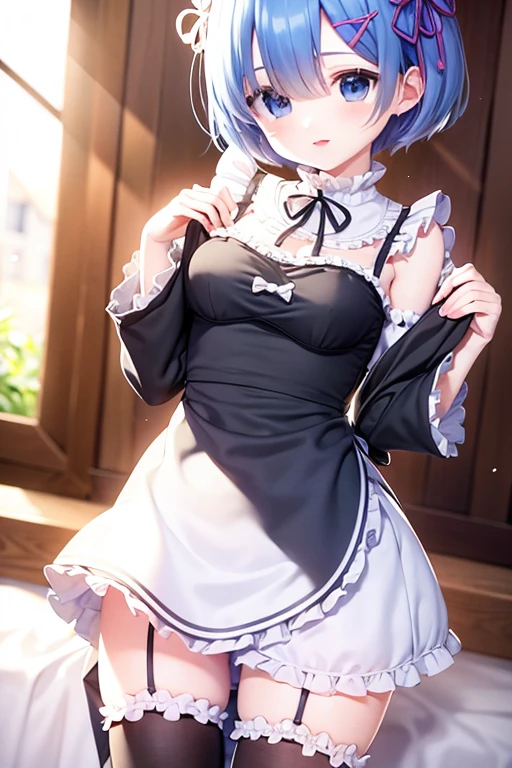 Maid clothes,Light blue short,I can see your thighs,rem