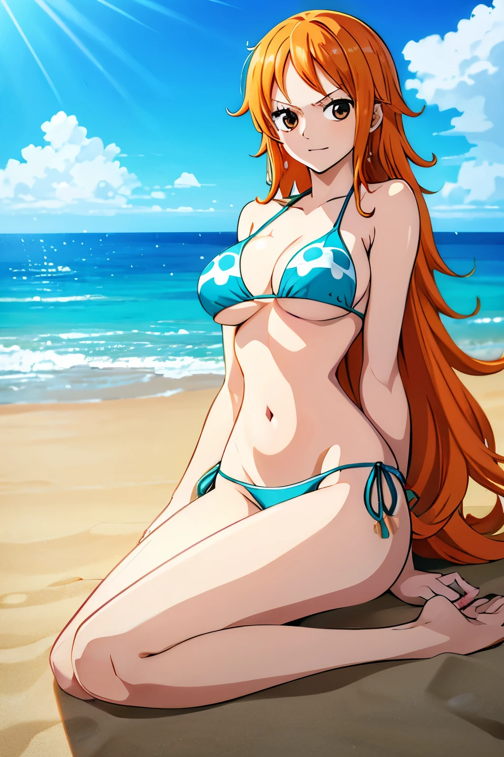 (HD, High Definition, 4k)(full body) (detailed eyes) Nami from the One Piece series, with her characteristic long orange hair with a slender figure, she is on the beach wearing a bikini. The scene shows Nami posing confidently., bright blue sea and golden sand as background. The style must be anime.