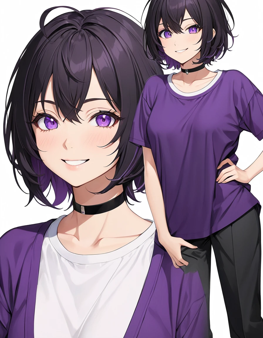 High-resolution anime digital art, Masterpiece, full body, tomboy, mature, sexy, smart, short hair color pitch black, real detail eyes pupil purple, long purple plain shirt, black chokers, Happy face (simple background, white background)