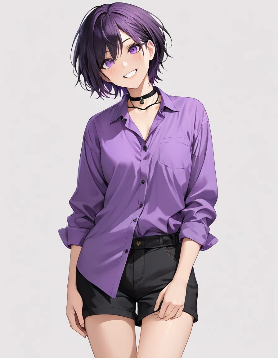 High-resolution anime digital art, Masterpiece, full body, tomboy, mature, sexy, smart, short hair color pitch black, real detail eyes pupil purple, long purple plain shirt, black chokers, Happy face (simple background, white background)