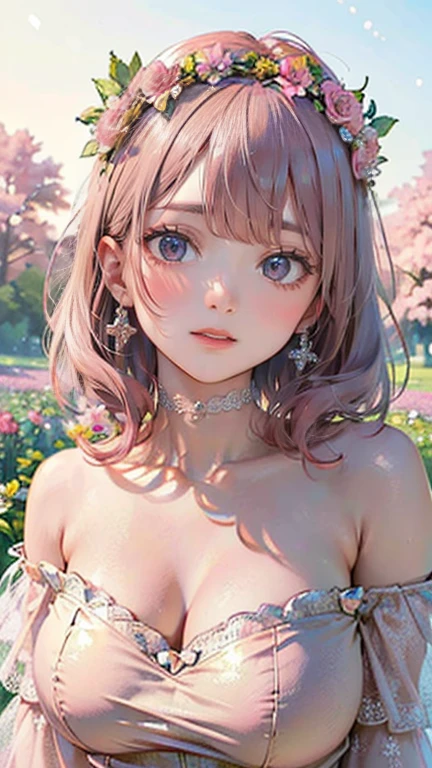 (masterpiece, Highest quality:1.3), (Super detailed:1.2), (hyperRealistic:1.3), (RAW Photos:1.2), High-definition RAW color photos, Professional photos, (PhotoRealistic:1.4), (Realistic:1.4), (Pink Hair:1.5), Professional Lighting, Perfect Anatomy, (Big Breasts:1.2), (blush, Detailed face), (Happy smile:1.7), Sexy, erotic Sexy, Random sexy gravure poses, (An angelic beauty in a pink gold off-the-shoulder sundress、Wearing a flower crown and smiling gracefully in a flower field、Pearl Earrings、Pose picking flowers。:1.3)