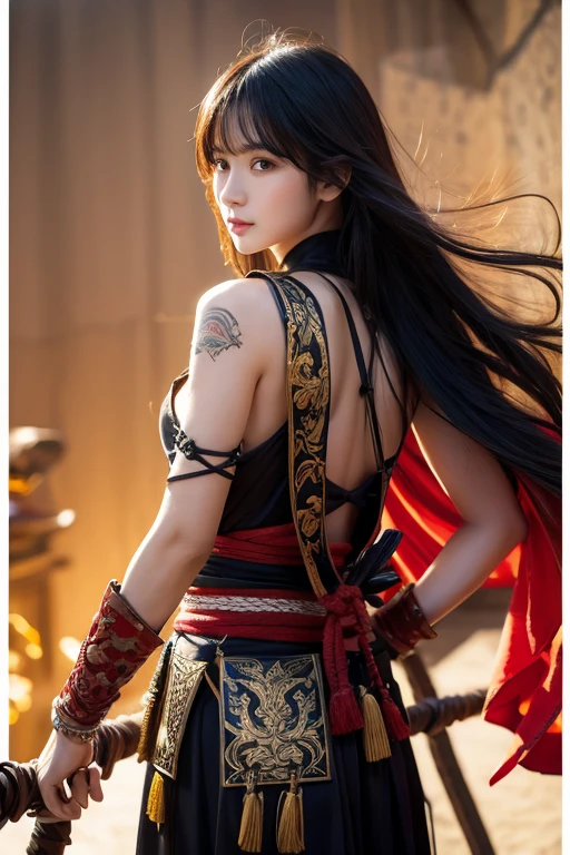 Highest quality、High resolution、Very detailed、Detailed Background、Beautiful 27 year old woman、Warrior、dragon tattoo on arm、Japanese sword明治政宗、(Blade length: 2 feet 4 inches、Handle length: 25cm、This part is woven with red and black threads...、The swallow is golden)、Japanese sword、Sharp eyes、enemy'Blood is flowing to my cheeks、Japan's Warring States Period(armor、pocket、Complete、1.5)(Takeda Shingen)(赤と金のarmor)、blonde、short hair、Realistic Face、Swing your sword down、Delicate eyes、Laugh a little、Like a fight scene in a live-action movie、More realistic battle scenes、On the cheeks、enemyWarriorの返り血、(Burning castle in the background、Sparks fly、)(Japanese sword(The famous sword Muramasa 1.5)Hold with both hands、Sword Drawing Technique(Japanese sword、Muramasa Sword)、armorを着たWarrior、