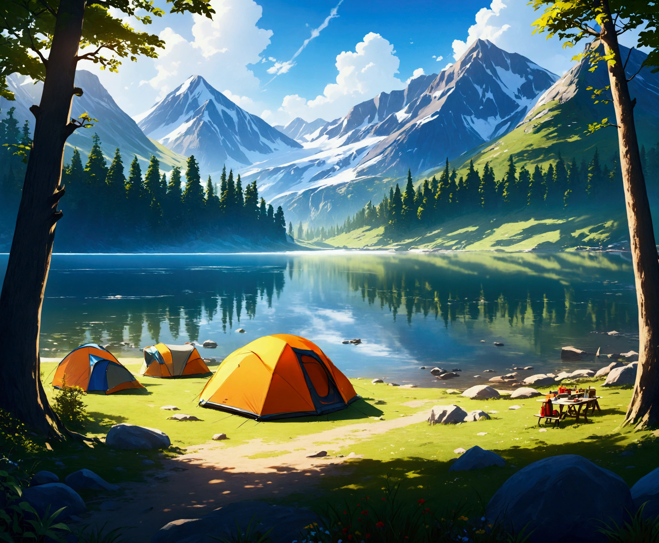 lake,camp site,The view is great.,tent,Camping Goods,Highest quality, 8k, High resolution, masterpiece:1.2, Very detailed, Realistic:1.37, High resolution, 超High resolution, Very detailed, Professional, Vibrant colors
