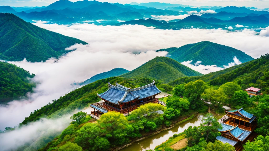 Natural beauty, Korean ancient village. The Stream. cloud, Temple. View from the air, mystical beauty, 8k