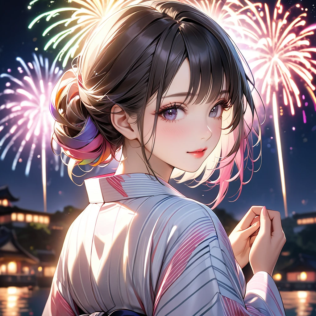 A beautiful and divine woman wearing a clean and refreshing white and pink yukata.々A beautiful woman.々Beautiful Goddess, Rainbow Hair,Medium long hairstyle,Beautiful attention to detail, Beautiful lip detail, Highly detailed face, Long eyelashes, Friendly and polite expressions, red, Round crystals in both hands, The perfect uniform, High quality lighting, Realistic, 8k, Highest quality, masterpiece, Professional, Studio Lighting,The background is a fireworks display,Looking back