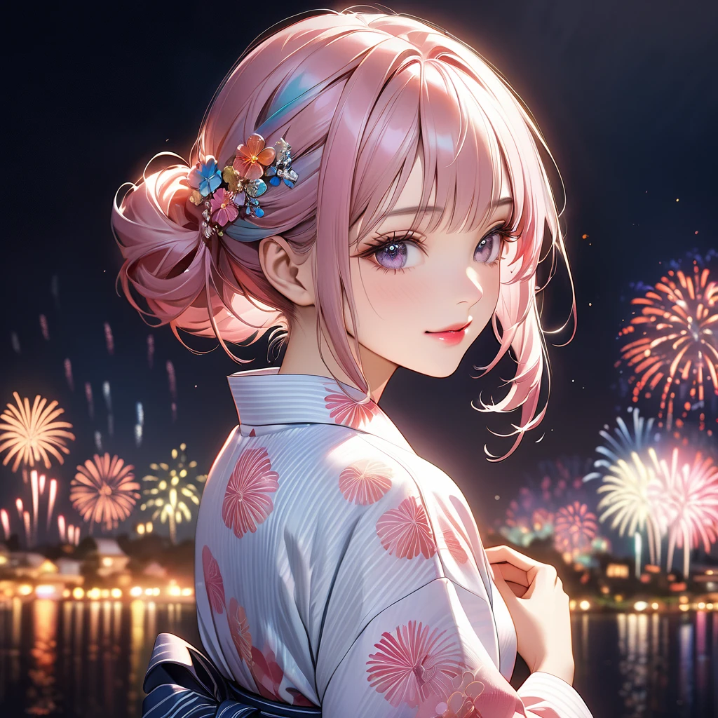 A beautiful and divine woman wearing a clean and refreshing white and pink yukata.々A beautiful woman.々Beautiful Goddess, Rainbow Hair,Medium long hairstyle,Beautiful attention to detail, Beautiful lip detail, Highly detailed face, Long eyelashes, Friendly and polite expressions, red, Round crystals in both hands, The perfect uniform, High quality lighting, Realistic, 8k, Highest quality, masterpiece, Professional, Studio Lighting,The background is a fireworks display,Looking back